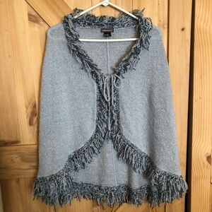 Takeout Light Blue Fringe Trimmed Knit Poncho / Shawl Wrap Womens M
